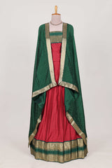 Green and Red Cotton Half Saree with Gold Zari Border Traditional Embroidery and ElegantDetailing