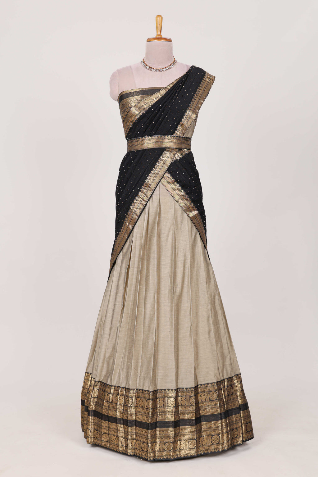 Beige Colour Cotton Half Saree with Gold Zari Border Traditional Embroidery and Elegant  Detailing