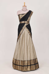 Beige Colour Cotton Half Saree with Gold Zari Border Traditional Embroidery and ElegantDetailing