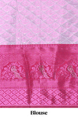 Lavender tissue lehenga featuring intricate thread weaving details with a beautiful contrast border Paired with a brocadeshawl