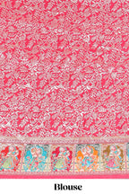 Rani pink plain lehenga featuring with human figure motifs with floral and ornamental detailing border Paired with a teal blue floral designed  shawl