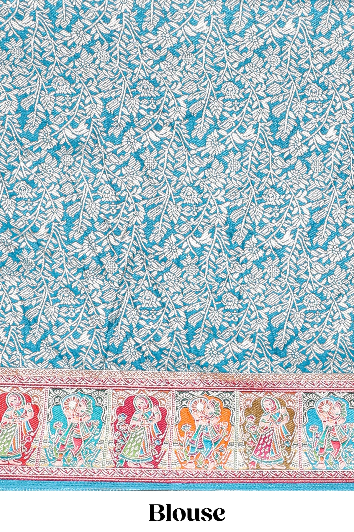 Blue plain lehenga featuring with human figure motifs with floral and ornamental detailing border Paired with a pink floral designed  shawl