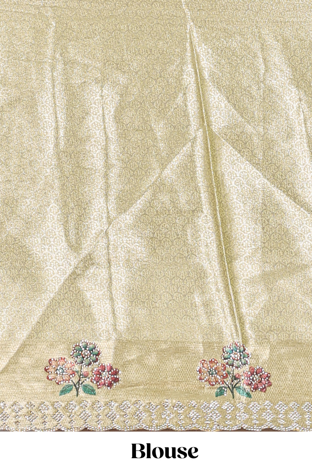 Gold shade zari designed lehanga with self floral motifs border and light green shade contrast blouse paired with plain shawl with few floral motifs