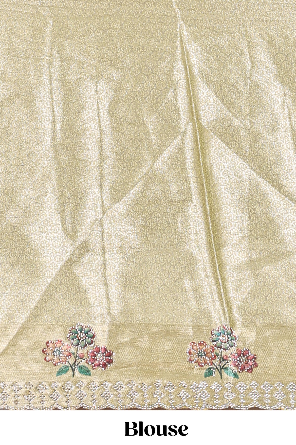 Gold shade zari designed lehanga with self floral motifs border and light green shade contrast blouse paired with plain shawl with few floral motifs