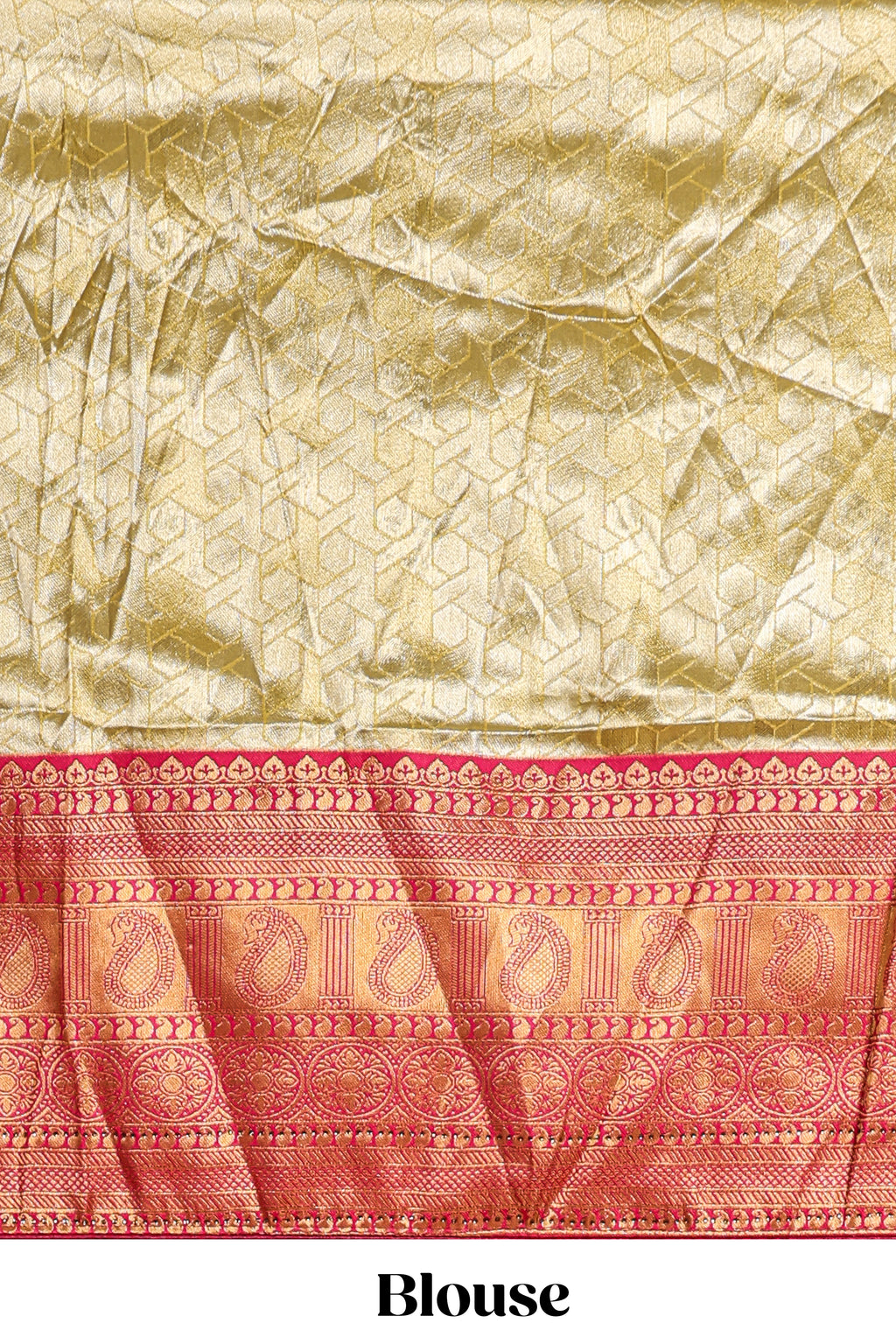 Ivory gold shade geometric zari lehanga featuring contrast border and matching blouse paired with contrast pink shawl