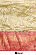 Ivory gold shade geometric zari lehanga featuring contrast border and matching blouse paired with contrast pink shawl