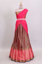 Maroon floral zari design lehanga featuring contrast border and blouse paired with contrast shawl