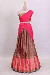Maroon floral zari design lehanga featuring contrast border and blouse paired with contrast shawl