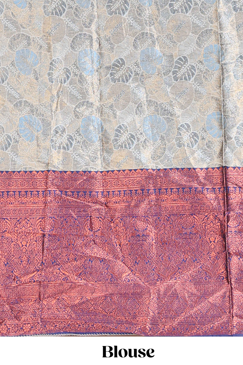 Antique ivory unique designed lehanga featuring contrasting border and matching blouse paired with contrast navy blue shawl