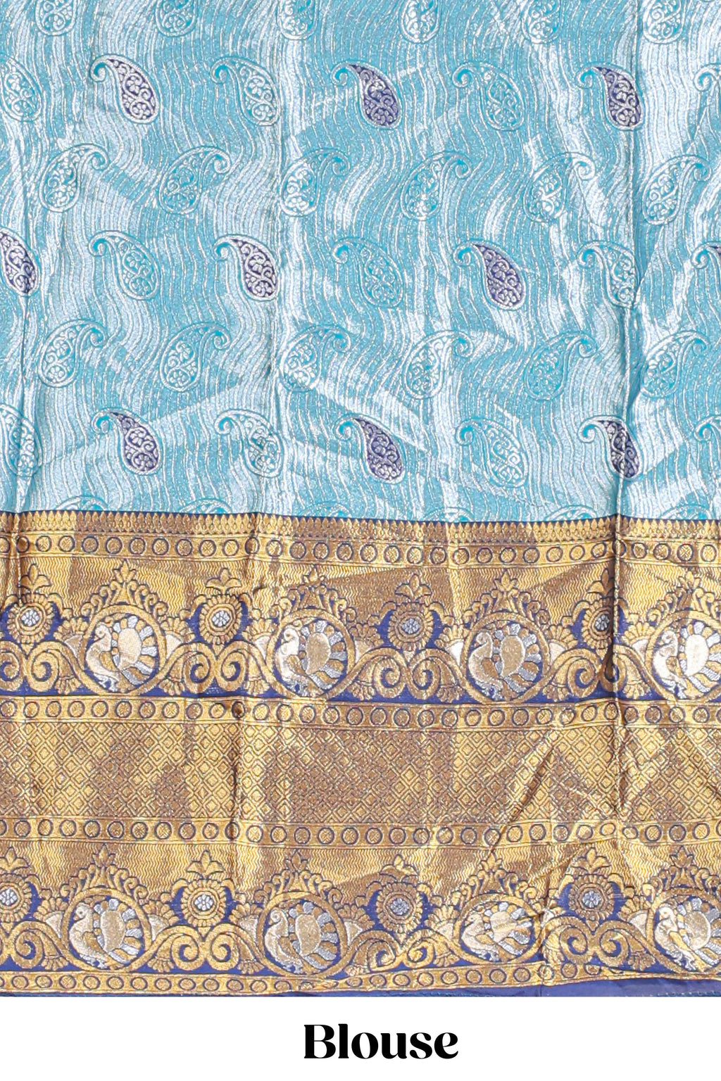 Light blue shade manga motifs lehanga featuring contrasting zari border and matching blouse paired with  navy blue organza shawl
