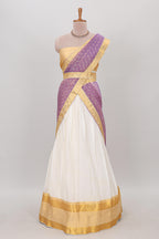 White plain lehanga featuring matching blouse paired with lavender stone work dhavani