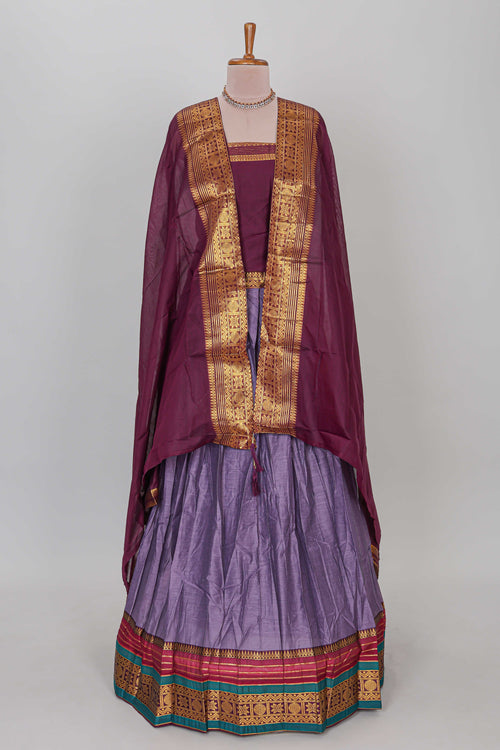 Lavender shade plain lehanga featuring contrasting zari border and blouse paired with  maroon  shawl