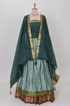 Green shade plain lehanga featuring contrasting zari border and blouse paired with pine green shawl