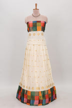 White zari butta designed lehanga featuring matching blouse paired with dhavani featuring madras checks