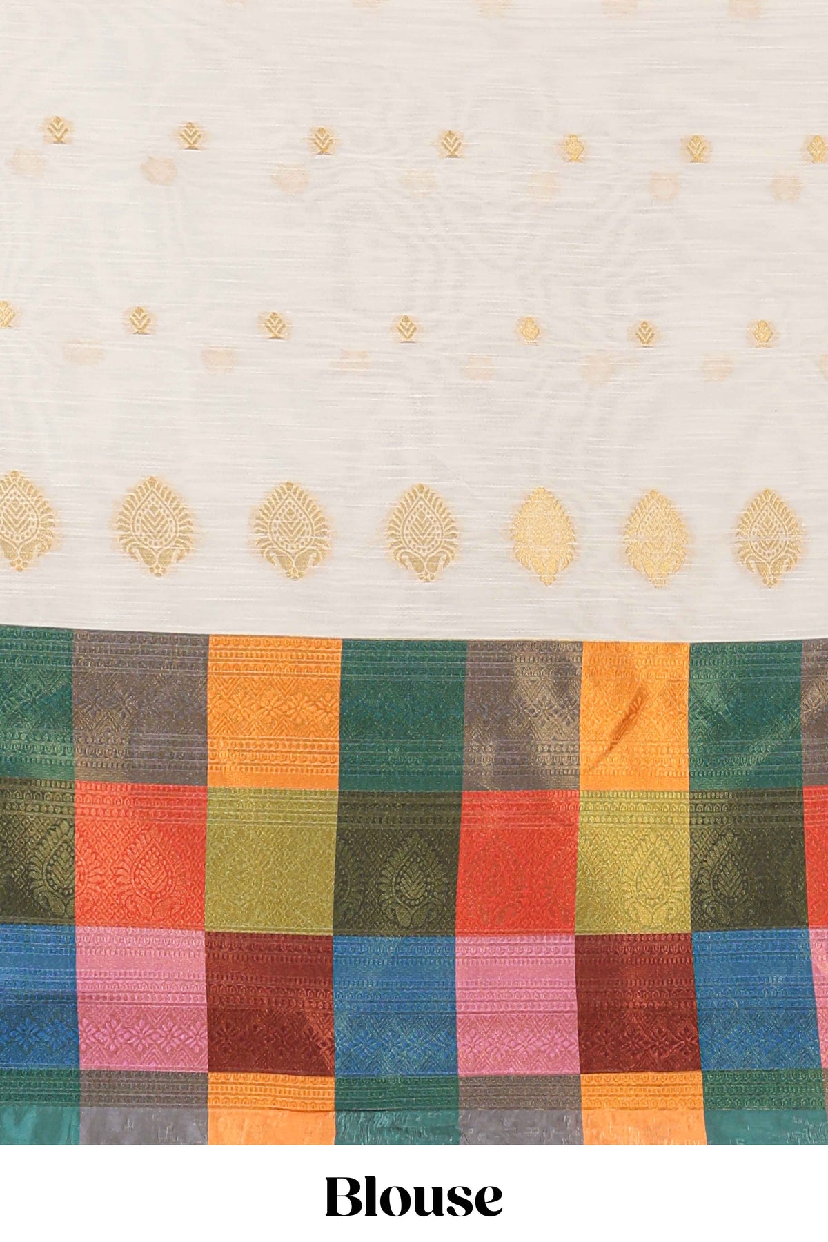 White zari butta designed lehanga featuring matching blouse paired with dhavani featuring madras checks