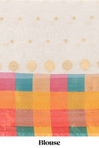 White zari butta designed lehanga featuring matching blouse paired with multicolor dhavani featuring madras checks