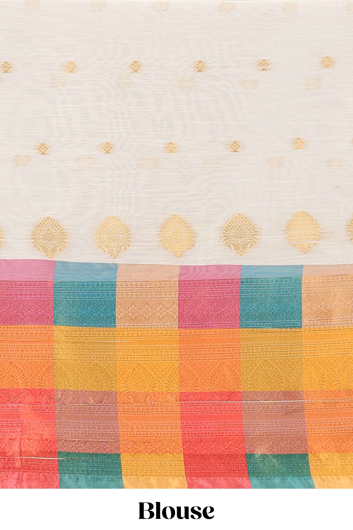 White zari butta designed lehanga featuring matching blouse paired with multicolor dhavani featuring madras checks