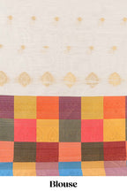 White zari butta designed lehanga featuring matching blouse paired with multicolor dhavani featuring madras checks