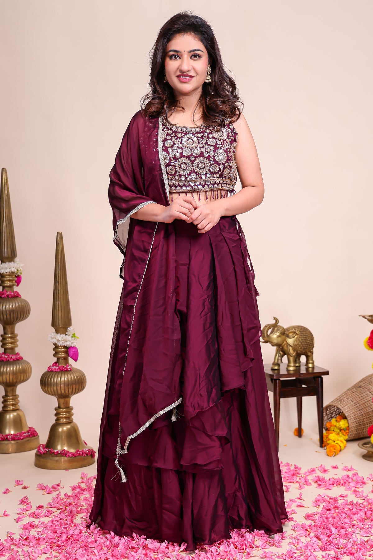 Purple shade plain lehanga featuring stone work blouse paired with Stone work border shawl
