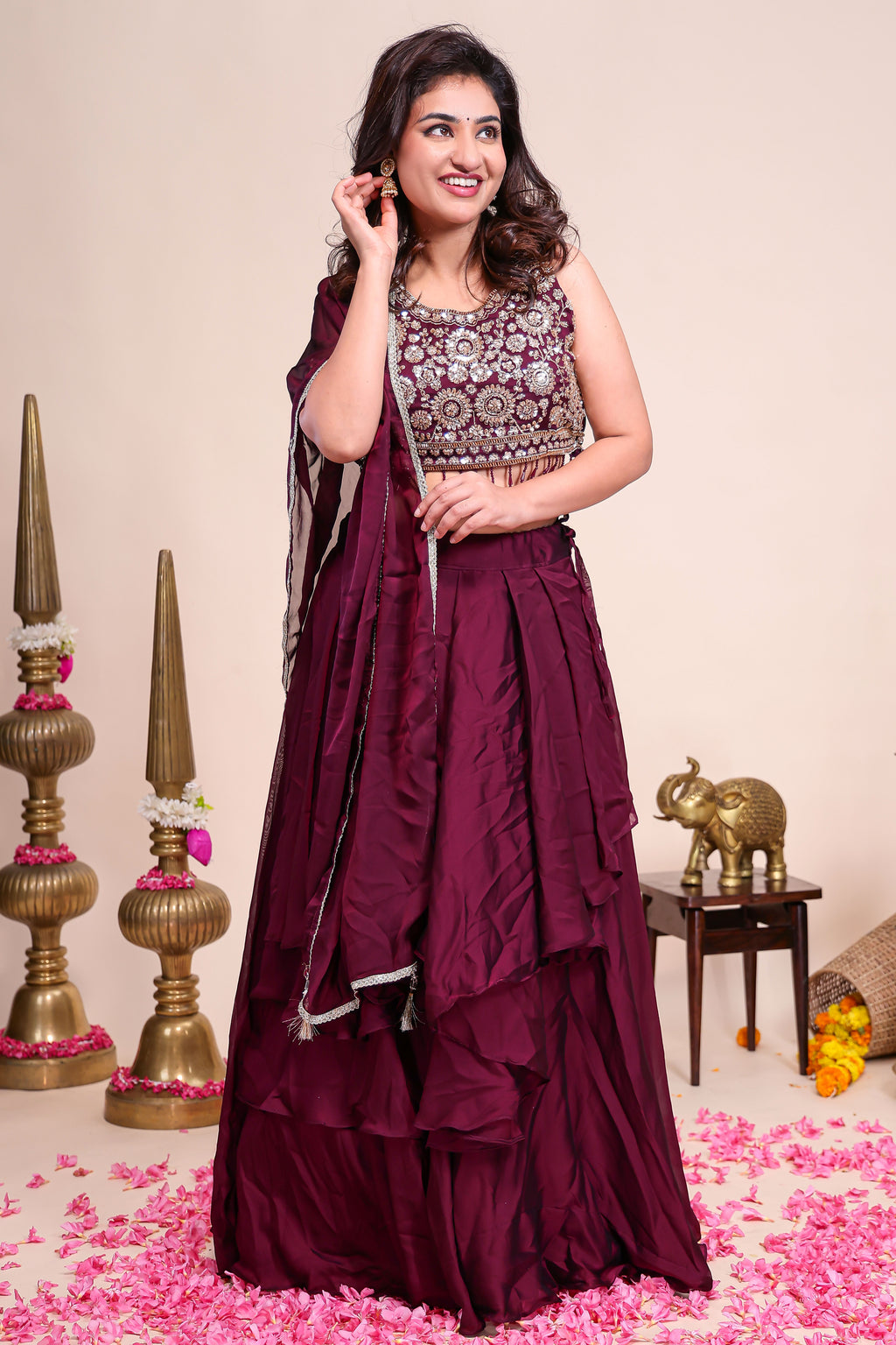 Purple shade plain lehanga featuring stone work blouse paired with Stone work border shawl