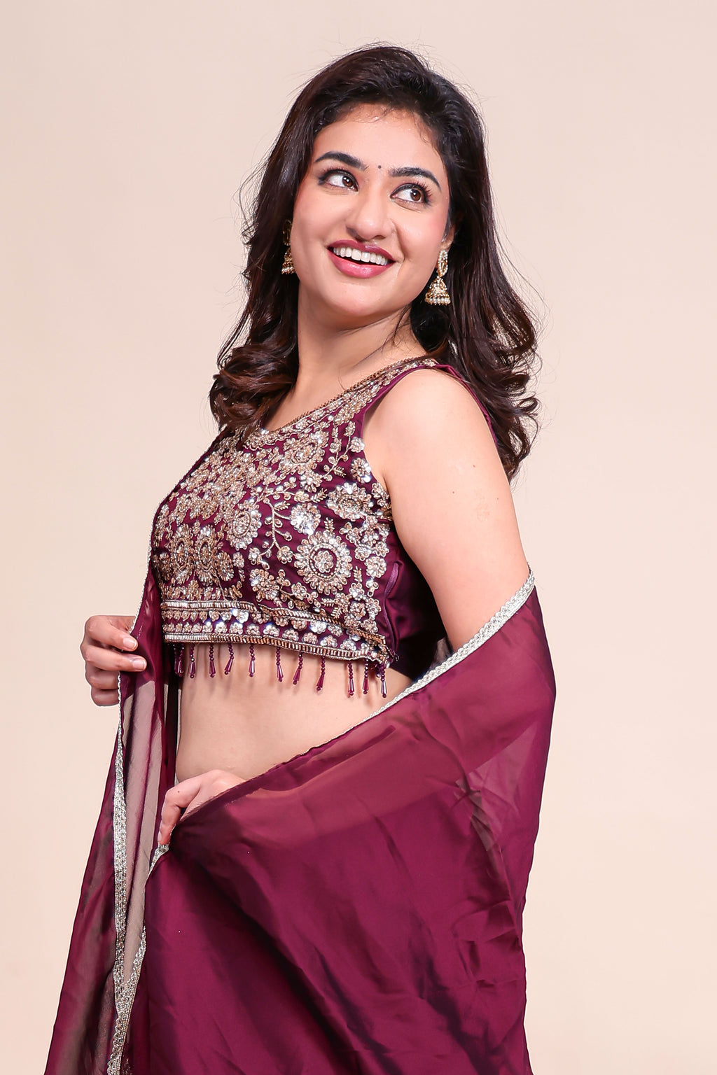 Purple shade plain lehanga featuring stone work blouse paired with Stone work border shawl