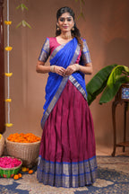 Magenta plain half saree with matching blouse and contrast zari border and  dhavani
