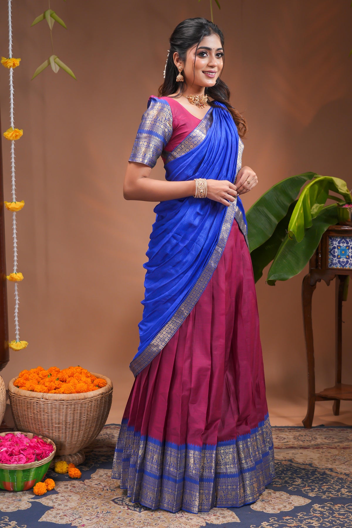 Magenta plain half saree with matching blouse and contrast zari border and  dhavani