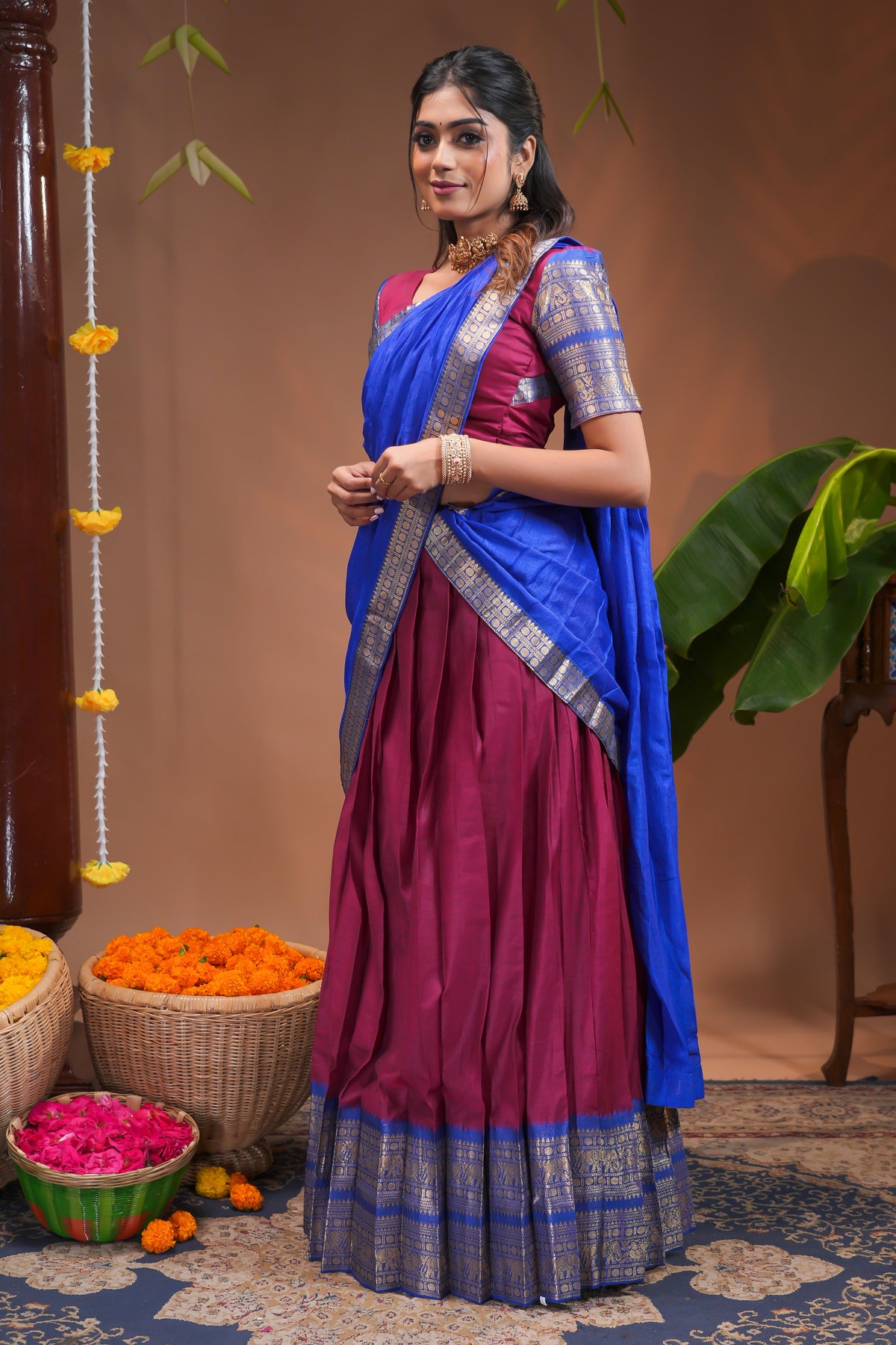 Magenta plain half saree with matching blouse and contrast zari border and  dhavani