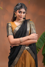 Mustard plain half saree with matching blouse and contrast zari border and  dhavani