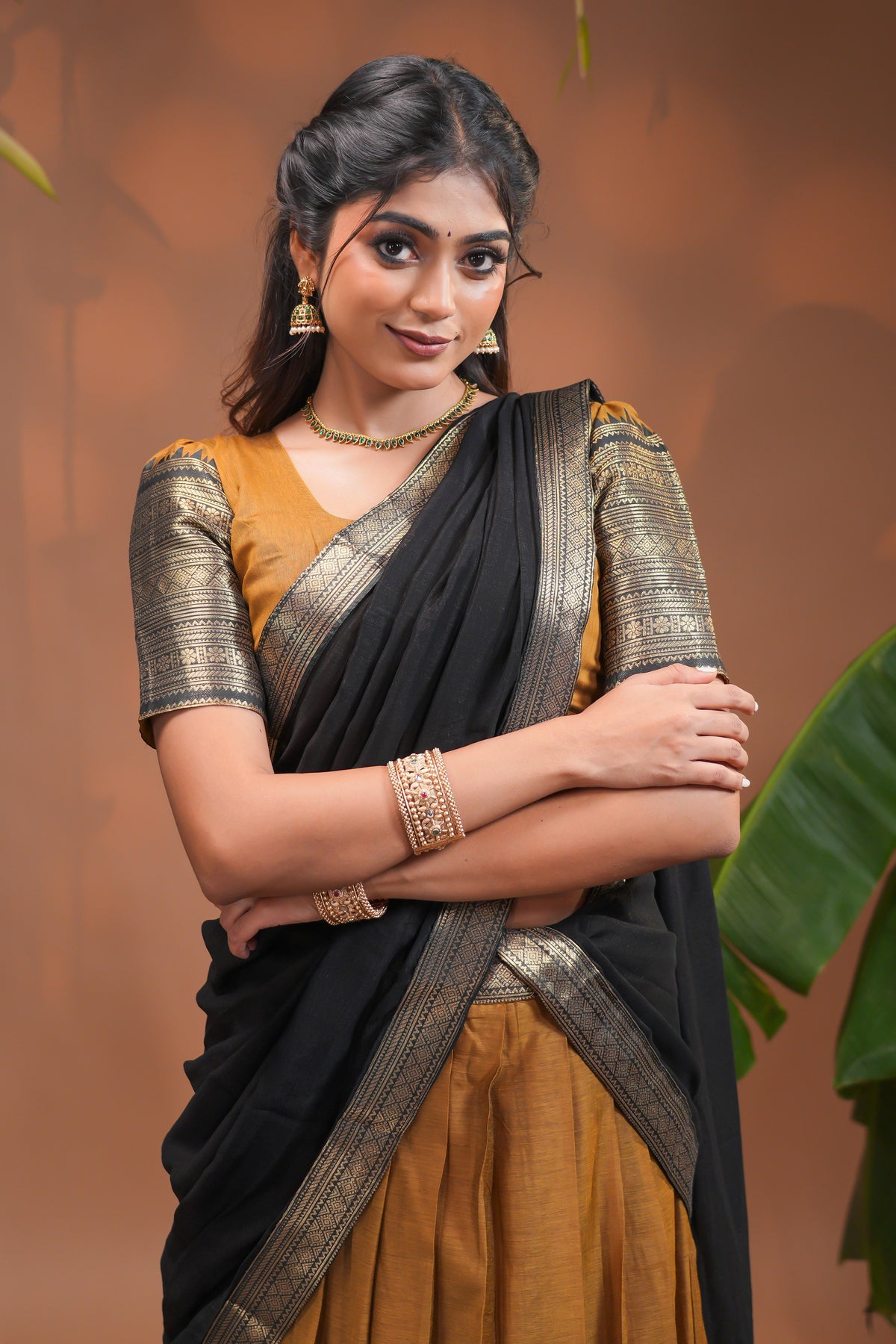 Mustard plain half saree with matching blouse and contrast zari border and  dhavani