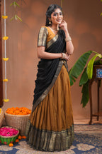 Mustard plain half saree with matching blouse and contrast zari border and  dhavani