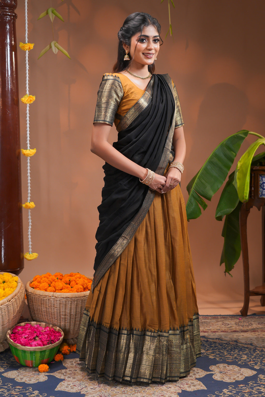 Mustard plain half saree with matching blouse and contrast zari border and  dhavani