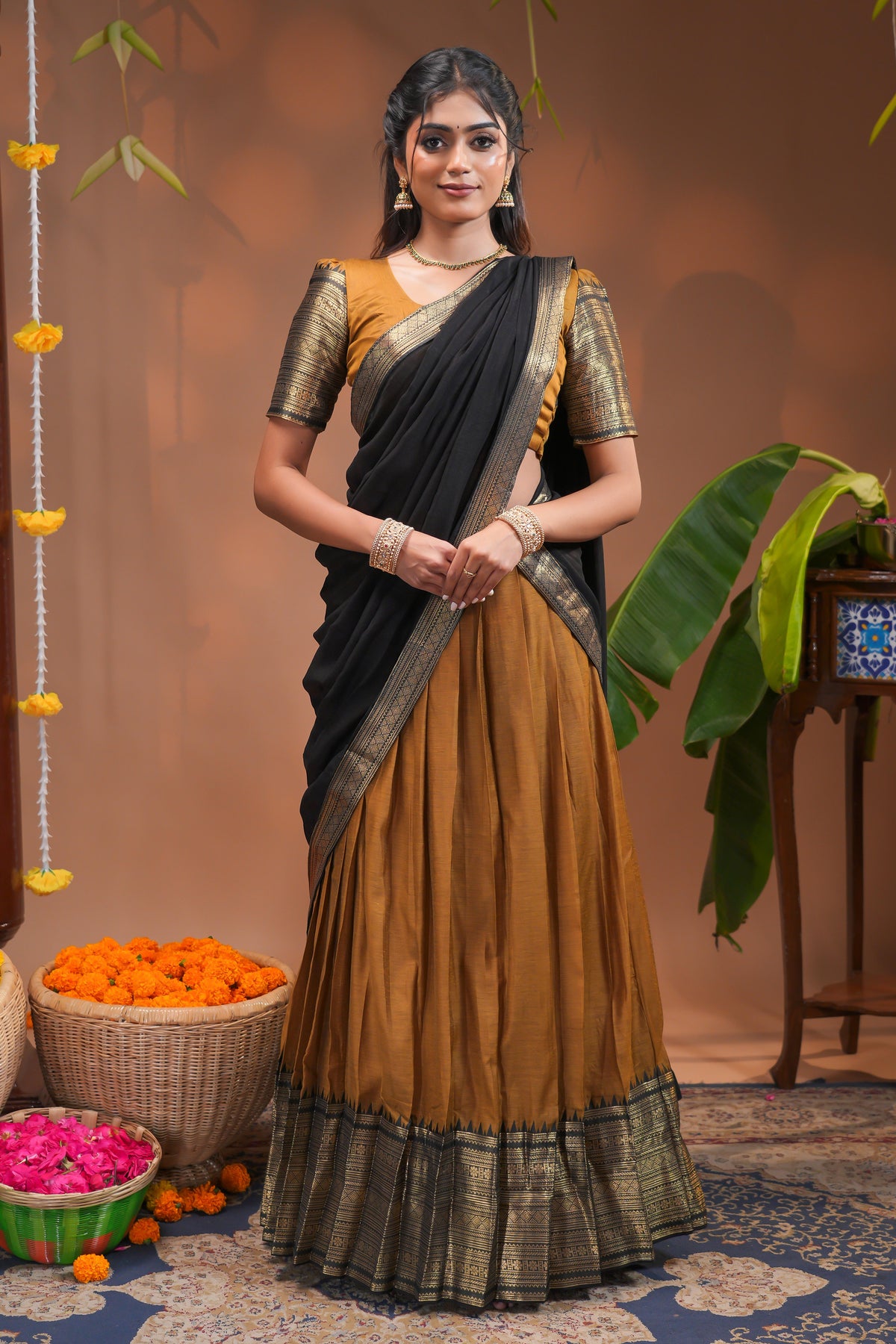 Mustard plain half saree with matching blouse and contrast zari border and  dhavani