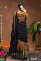 Mustard plain half saree with matching blouse and contrast zari border and  dhavani