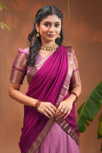 Pink plain half saree with matching blouse and contrast zari border and  dhavani