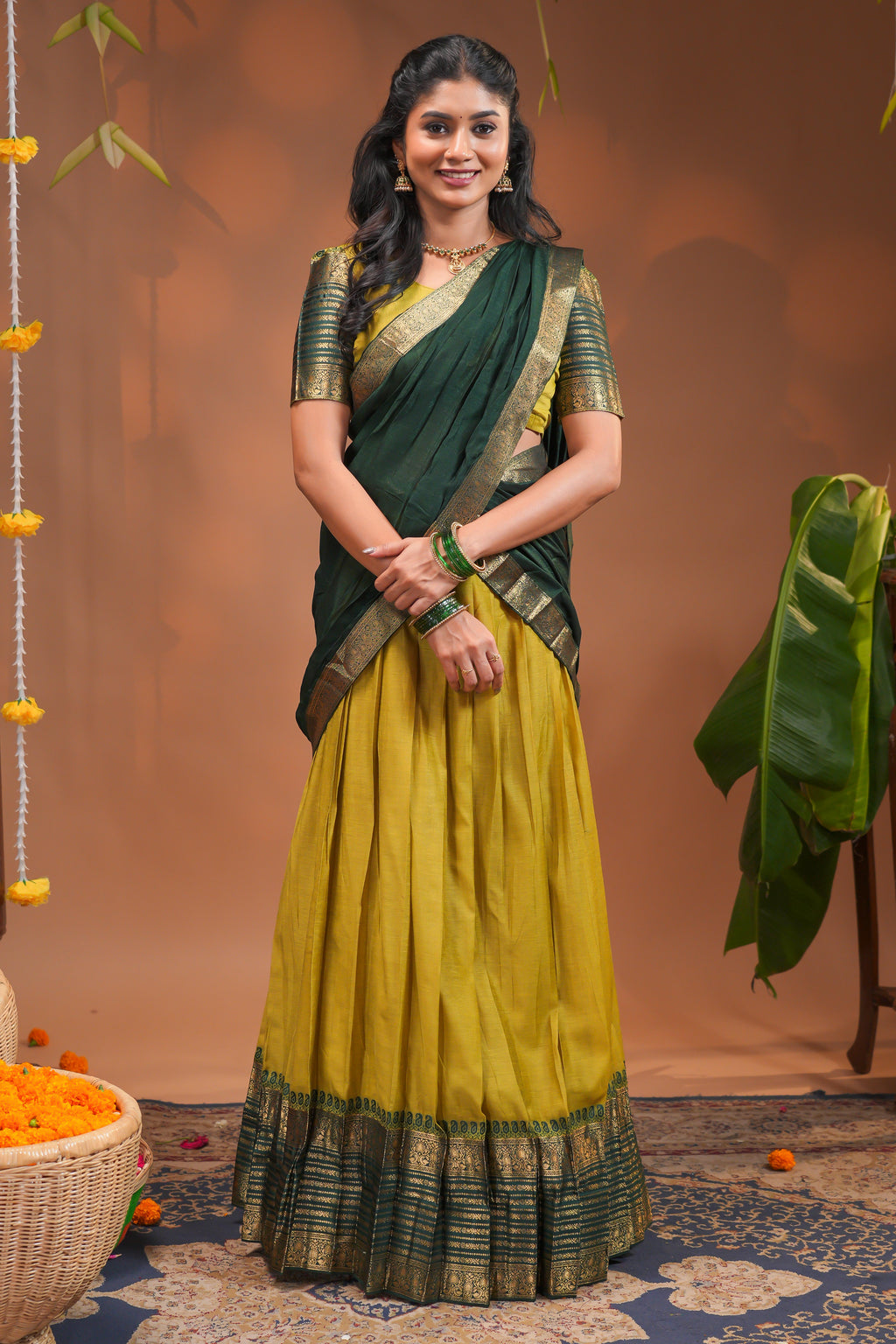 Lime yellow plain half saree with matching blouse and contrast zari border and dhavani