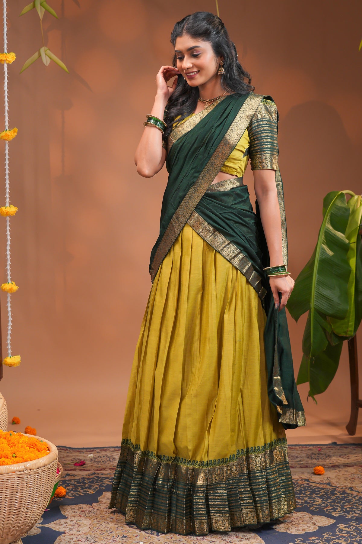 Lime yellow plain half saree with matching blouse and contrast zari border and dhavani