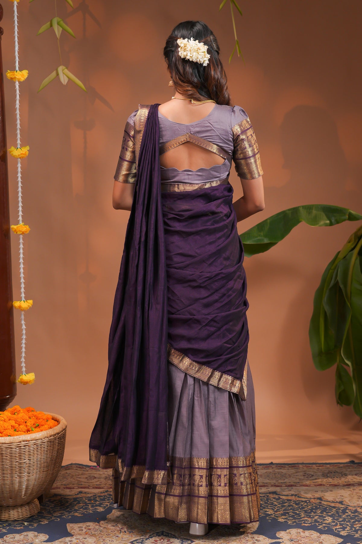 Elegant Purple Draped Half Saree with Grey Skirt and Zari Work Matching Blouse