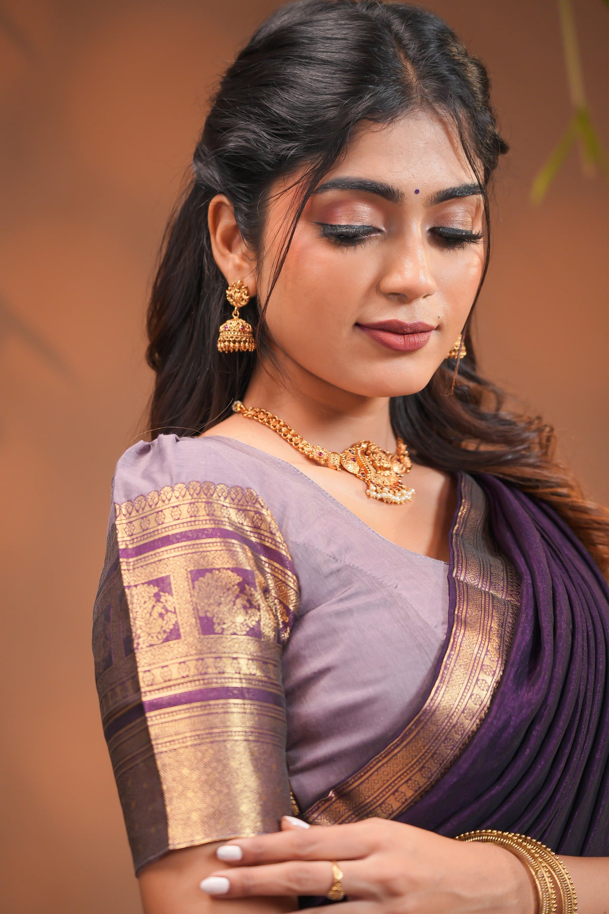 Elegant Purple Draped Half Saree with Grey Skirt and Zari Work Matching Blouse