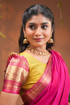 Mustard plain half saree with matching blouse and contrast zari border and dhavani