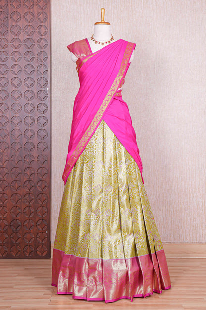 Mustard jacquard floral zari design half saree with contrast zari border and dhavani
