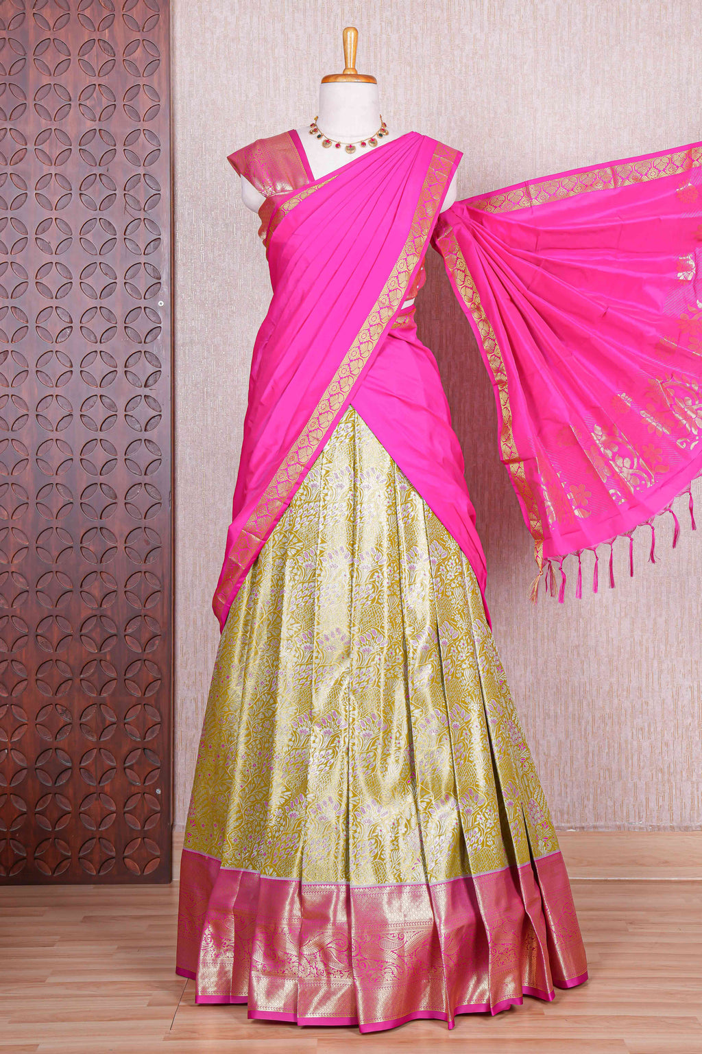 Mustard jacquard floral zari design half saree with contrast zari border and dhavani