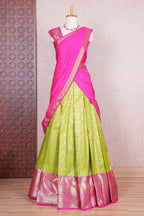 Green jacquard birds and floral zari design half saree with contrast zari border and dhavani
