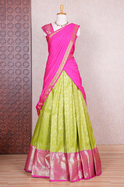 Green jacquard birds and floral zari design half saree with contrast zari border and dhavani