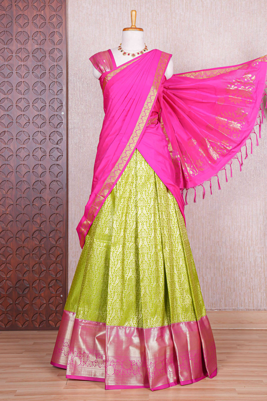 Green jacquard birds and floral zari design half saree with contrast zari border and dhavani