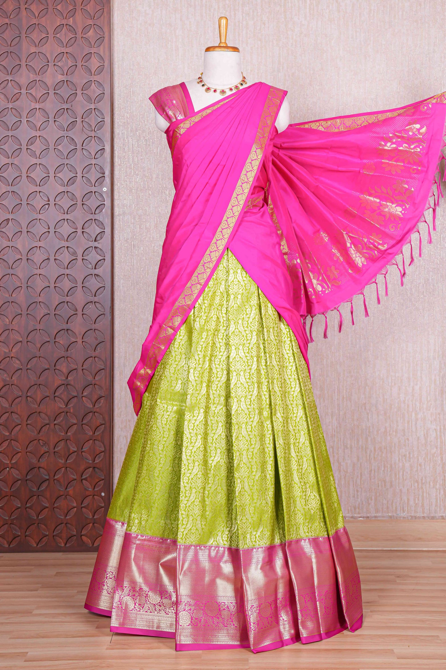 Green jacquard birds and floral zari design half saree with contrast zari border and dhavani