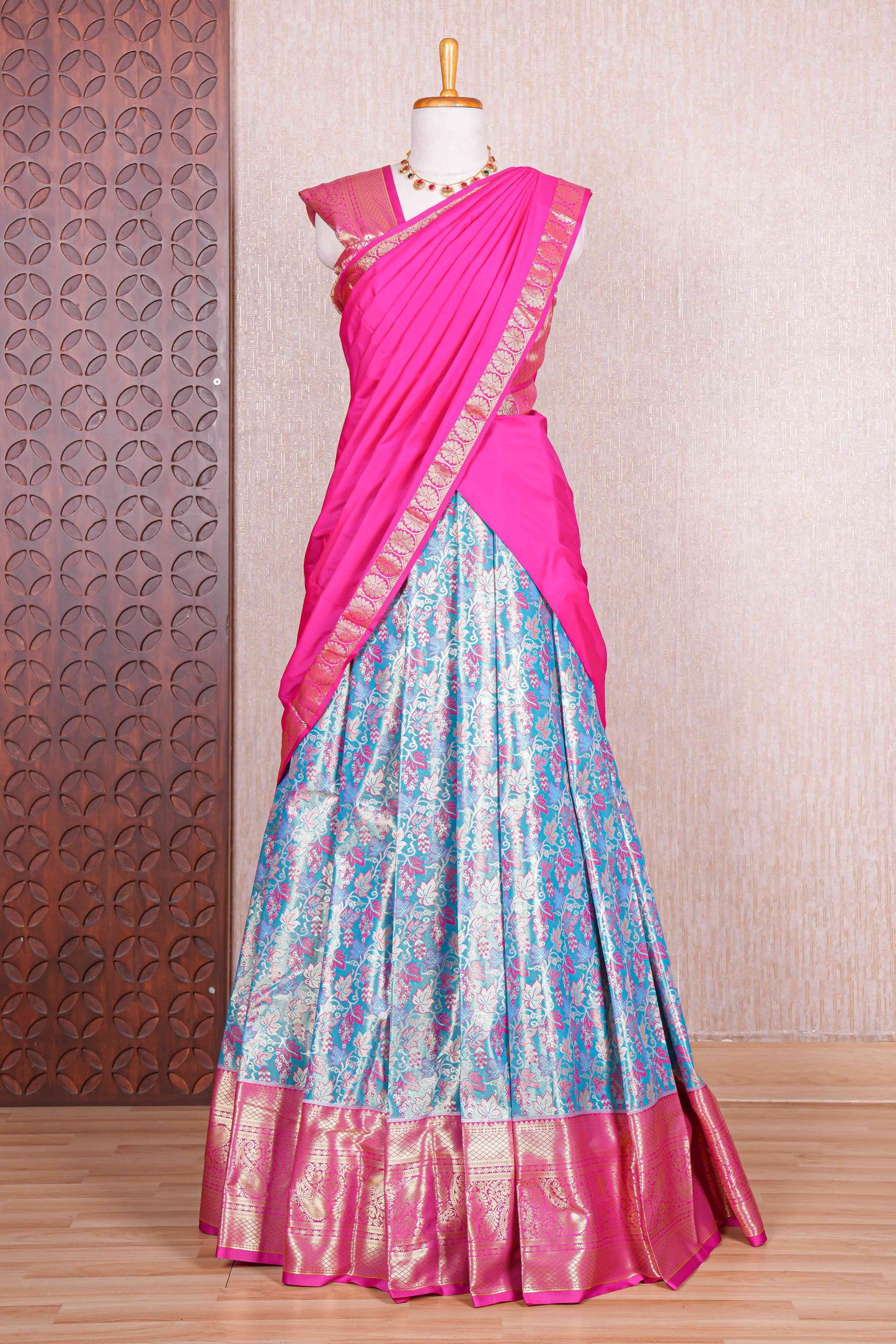 Blue jacquard floral zari design half saree with contrast zari border and dhavani