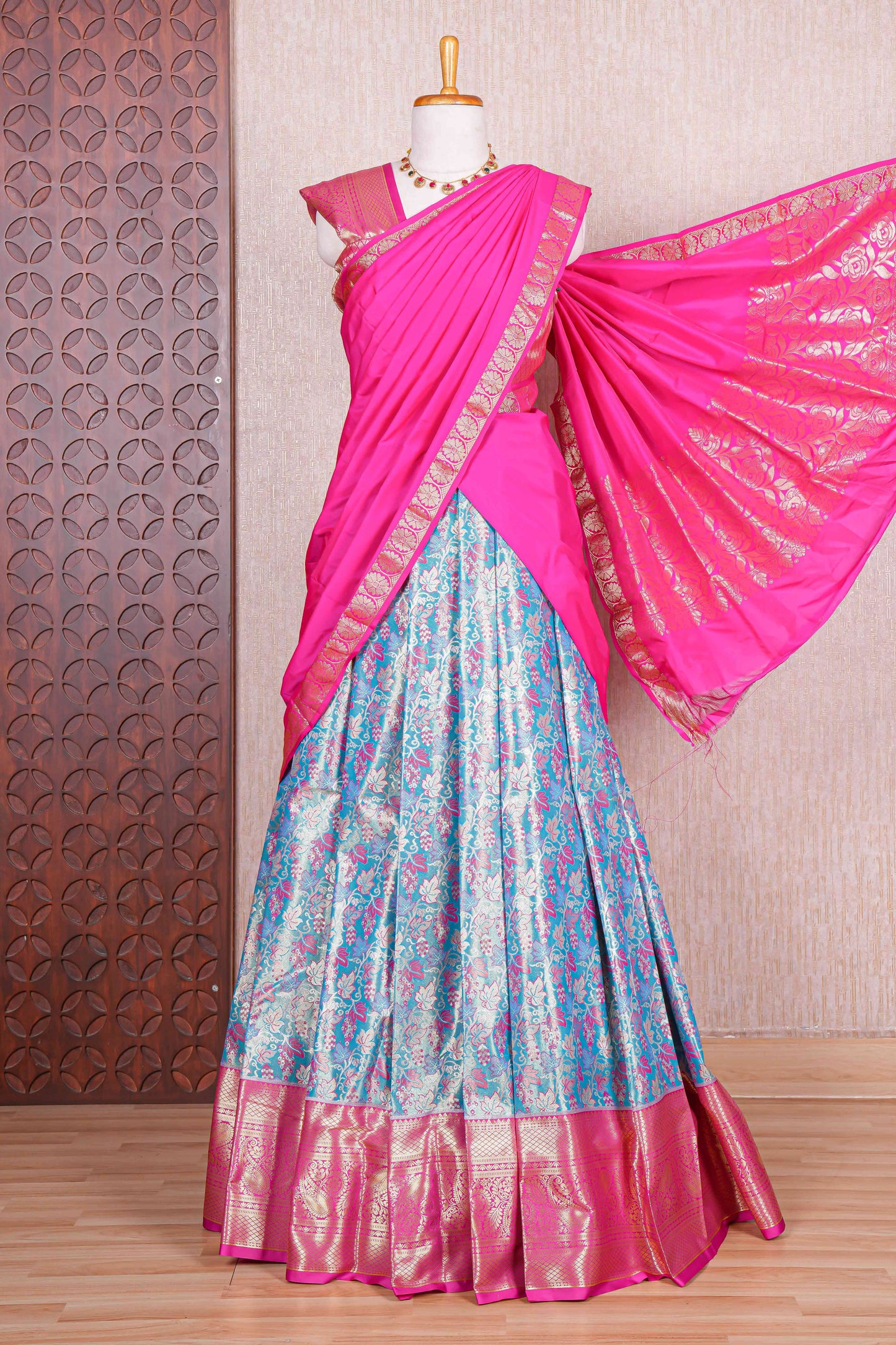 Blue jacquard floral zari design half saree with contrast zari border and dhavani