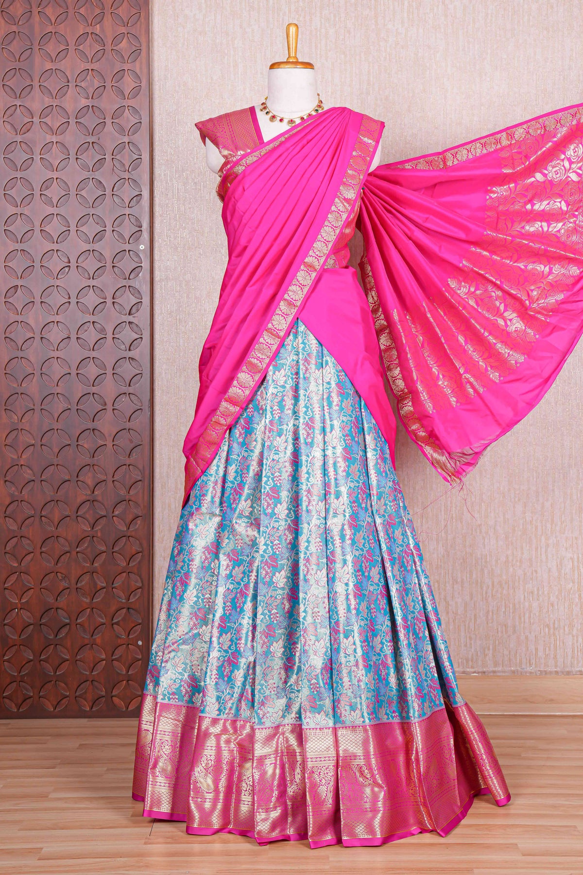 Blue jacquard floral zari design half saree with contrast zari border and dhavani