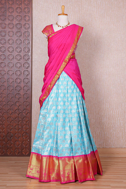 Turquoise blue jacquard floral vine zari design half saree with contrast zari border and dhavani